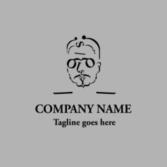 Exclusive typographic decorative logotype and portrait of man. Decorative face  Lettering sign. Abstract shape in profile black and white color isolated on light background.