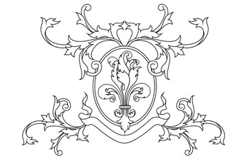A coat of arms crest heraldic medieval lys flower or royal family shield. Outline vintage motif with filigree leaf 