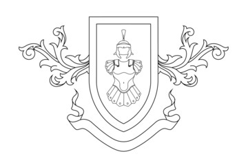 A coat of arms crest heraldic medieval knight or royal family shield. Outline vintage motif with filigree leaf 