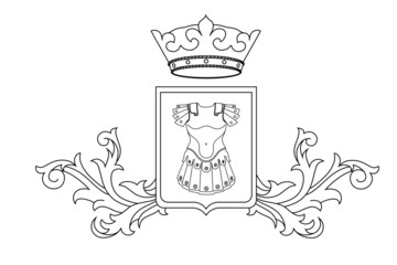 A coat of arms crest heraldic medieval knight or royal family shield. Outline vintage motif with filigree leaf heraldry. Heraldry crown
