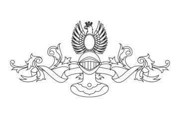 A coat of arms crest heraldic medieval knight or royal family shield. Outline vintage motif with filigree leaf heraldry. Eagle with crown.