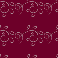 Vector seamless white shaded pattern on a burgundy background ornament from curls of stems and spots of leaves