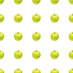 Pattern of green apples on a white background. Isolated fruits. Image for fabric, wallpaper and wrapping paper.