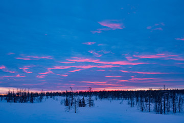 Winter sunset in the Ural mountains. Winter ski trip