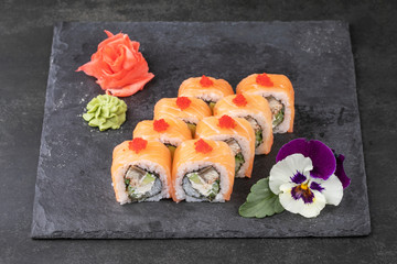 japanese sushi food. Maki ands rolls with tuna, salmon, shrimp, crab and avocado.