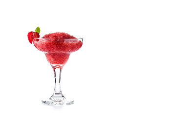 Strawberry margarita cocktail in glass isolated on white background. Copy space