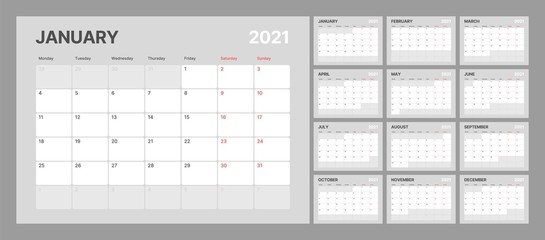 Wall calendar template for 2021 year. Planner diary in a minimalist style. Week Starts on Monday. Set of 12 Months. Ready for print.