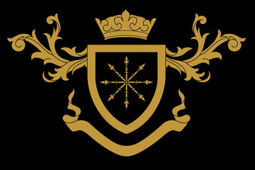 A coat of arms crest heraldic medieval knight or royal family shield. Black and golden vintage motif with filigree leaf heraldry. Heraldry crown