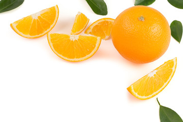 Oranges and oranges cut into slices and the oranges leaves placed on a white background. With a writing area