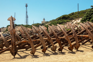 View of a cemetery of anchors placed near Conil de la Frontera, Spain