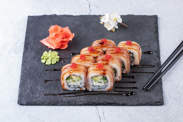 japanese sushi food. Maki ands rolls with tuna, salmon, shrimp, crab and avocado.