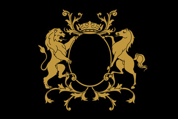 A coat of arms crest heraldic medieval rampant lion and horse for royal family shield. Golden vintage motif with filigree leaf heraldry.