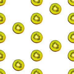 Seamless endless pattern of juicy green slices of kiwi fruit isolated on white background. Design for wrapping paper, fabric and wallpaper.