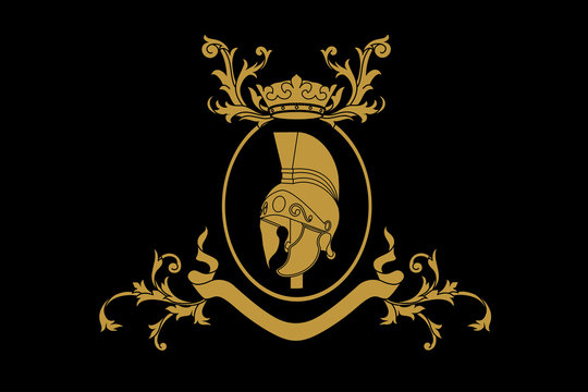 A coat of arms crest heraldic medieval helemet or royal family shield. Black and golden vintage motif with filigree leaf heraldry.