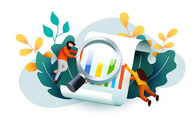 Small 3d flying and analyzing diagram data with magnifying glass. Business audit concept.