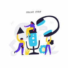 Podcast studio hand drawn flat vector illustration. Young women with sound recording equipment cartoon characters. Internet talk show, online radio, news broadcasting abstract concept