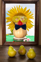 Comic still life with pumpkin, sunflower, pears and old frame, Russia