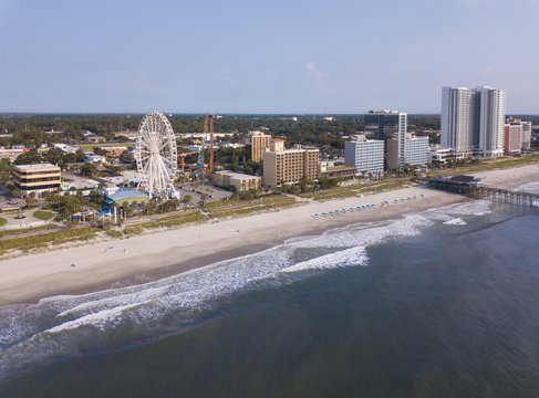 Aerial view of hotels and ferris wheel in Myrtle Beach, South Carolina, USA.