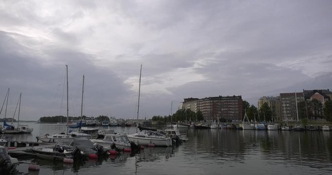 4K Helsinki Baltic Sea Finnish Bay lagoon, yachts, cruise liners view on cloudy summer day video in Finland, northern Europe