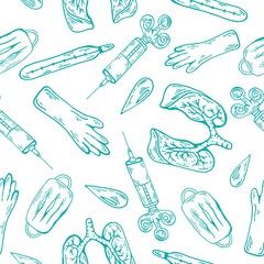 Medical design, medical pattern vector, lungs sign, thermometer, seamless pattern, vector illustration, digital illustration, doodle style, pattern for print, seamless equipment, medicine sign