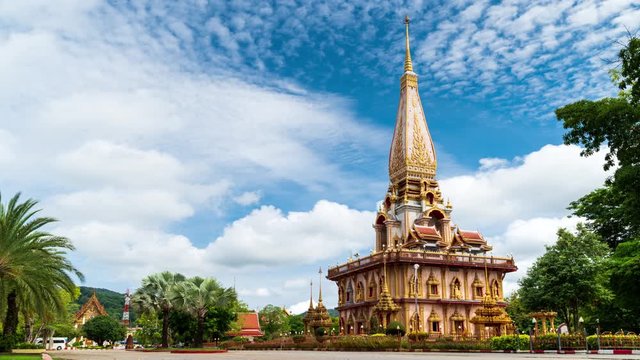 Time lapse video Wat chalong or chalong temple landmark of Phuket and is a popular tourist attraction with cloud movment background and good weather wide angle shot Panorama shot in Apple Prores 422.