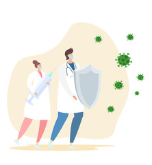 Masked doctors are fighting coronavirus infection. A nurse holds a syringe, a doctor holds a shield. Doctors are heroes. Flat vector illustration.