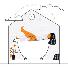 Girl is lying in hot bath and relaxing. in her house. Self-isolation and COVID-19 quarantine vector illustration. Self care bodypositive poster.
