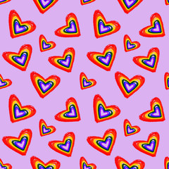 Seamless pattern with rainbow Hearts colored in LGBT flag colors on lilac background. Gay pride symbol. LGBT community symbol