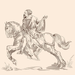Fototapeta na wymiar Knight on a horse. Isolated image in the style of medieval engraving.