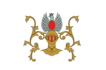 A coat of arms crest heraldic medieval knight or royal family shield. Red and golden vintage motif with filigree leaf heraldry. Eagle with crown.