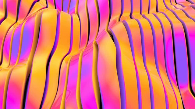 4k 3D animation of multicolored stripes in a rippling wave formation. Beautiful abstract background with reflections. 4k Ultra HD 3840x2160.