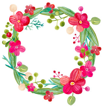Watercolor wreath with brightness flowers, leaves and buds