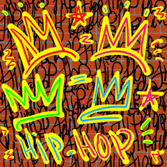 Crowns and hip hop lettering with graffiti style on a brick wall background. Music print. Youth vector illustration.