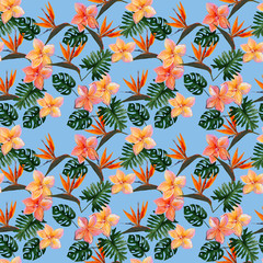 Seamless tropical pattern with plumeria and strelitzia with leaves on blue background. Seamless pattern with colorful leaves of colocasia, filodendron, monstera. Exotic wallpaper. Hawaiian style © Olena