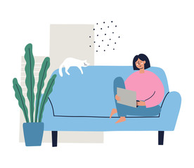 Girl sitting on a sofa working on a laptop. Freelance, work from home concept. Hand drawn flat vector illustration