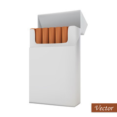 Open pack of cigarettes isolated on white background. Realistic macro icon cigarette. Vector illustration 3D. Modern mock up pack of cigarettes. Design element. Stock.