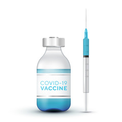 Realistic 3D glass ampoules and syringe. Vaccine injection Coronavirus Covid-19, novel coronavirus. Medical background. Vector illustration