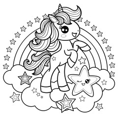 Cute, cartoon, funny unicorn on a rainbow background. Black and white illustration. Vector © Zerlina
