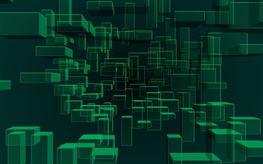 Green and dark abstract digital and technology background. The pattern with repeating rectangles. 3D illustration