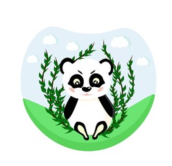 The Panda is sitting in the bushes. Blue sky, green grass. Logo with a Panda. Vector isolated illustration with a wild animal in nature. Flat style. Cute animal. Print on the mug, clothing.