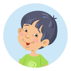 Portrait of a funny little asian boy. Avatar icon in the circle. In cartoon style. Isolated on white background. Vector illustration.