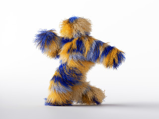 3d render, hairy cartoon character isolated on white background, active walking pose. Colorful furry beast dancing. Blue yellow fluffy toy