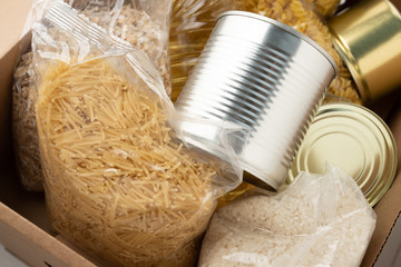 Donation for people left without money and work. A set of products in a box - pasta, butter,...