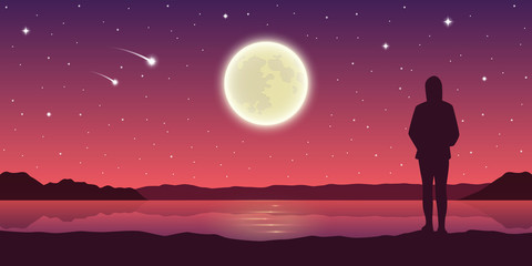 girl by the lake looks to the full moon with falling stars vector illustration EPS10