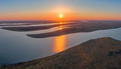 Manych-Gudilo lake at sunset from above, beautiful landscape