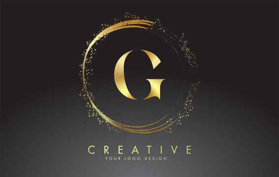 G golden letter logo with golden sparkling rings and dust glitter on a black background. Luxury decorative shiny vector illustration.