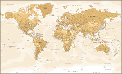 World Map - Golden Vintage Political Topographic - Vector Detailed Layered Illustration