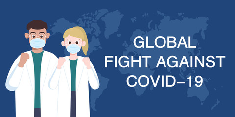 Covid-19 fighting slogan. Doctors raise fists to cheer. Multi-ethnic cooperation fight against global pandemic.Community of common destiny for all mankind.