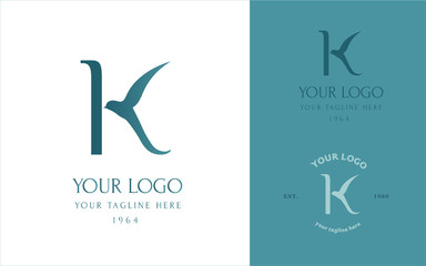 Bird logo vector illustration. Emblem design on white background. Flying bird logotype. K monogram with wings and head shape