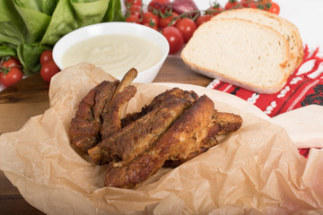 Juicy and fresh traditional Romanian pork ribs chops or 